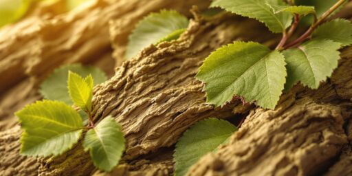 Slippery elm bark and leaves in natural lighting.