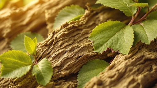 Slippery elm bark and leaves in natural lighting.